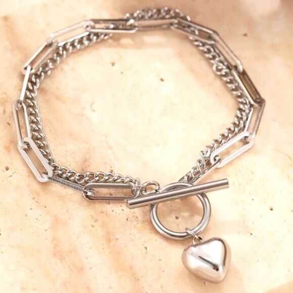SALE Silver Chain Layered Heart Bracelet - Picture 2 of 5